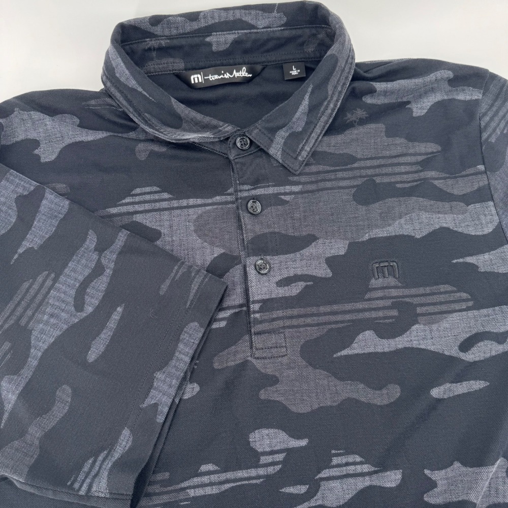 TravisMathew Mens Black Grey Camo Palm Tree Pima Cotton Polo Shirt Large L